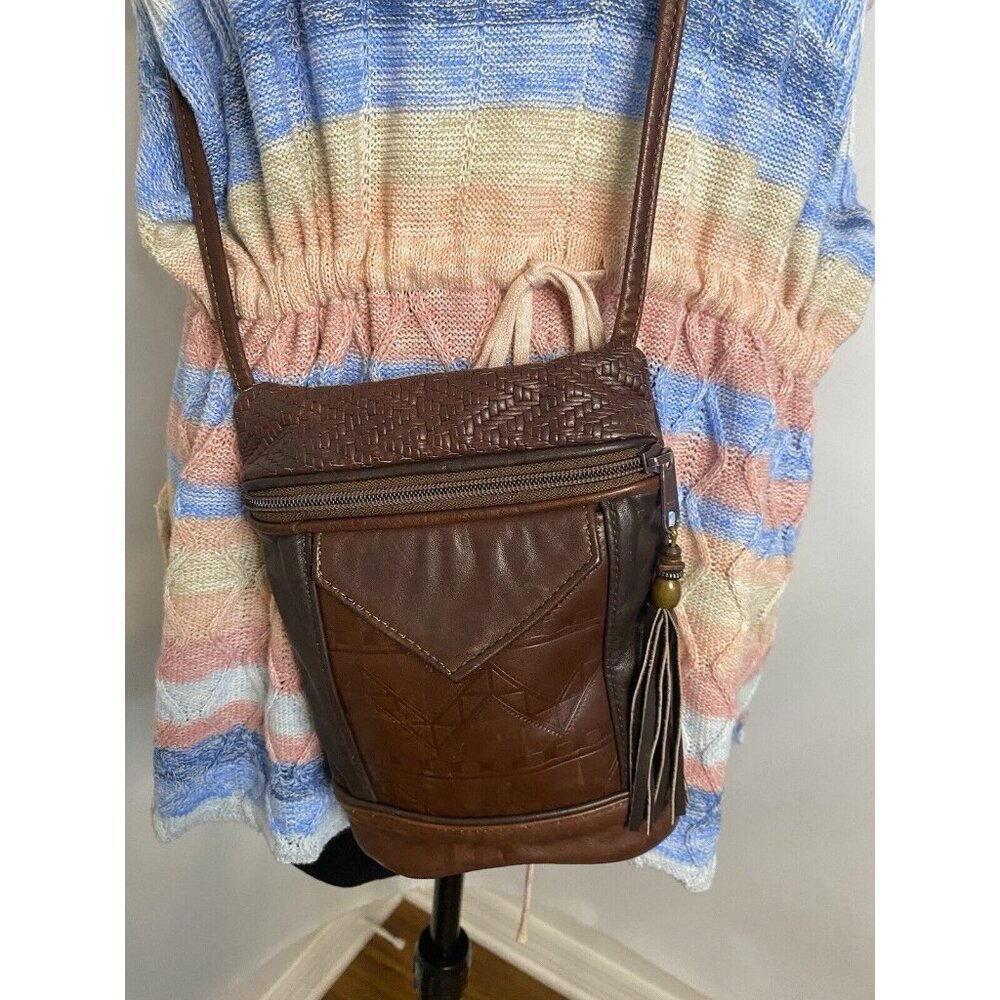 Vintage Brown Tooled Leather Cross Body Purse Handbag Shoulder Bag Tassel 9"x6" - Picture 10 of 16